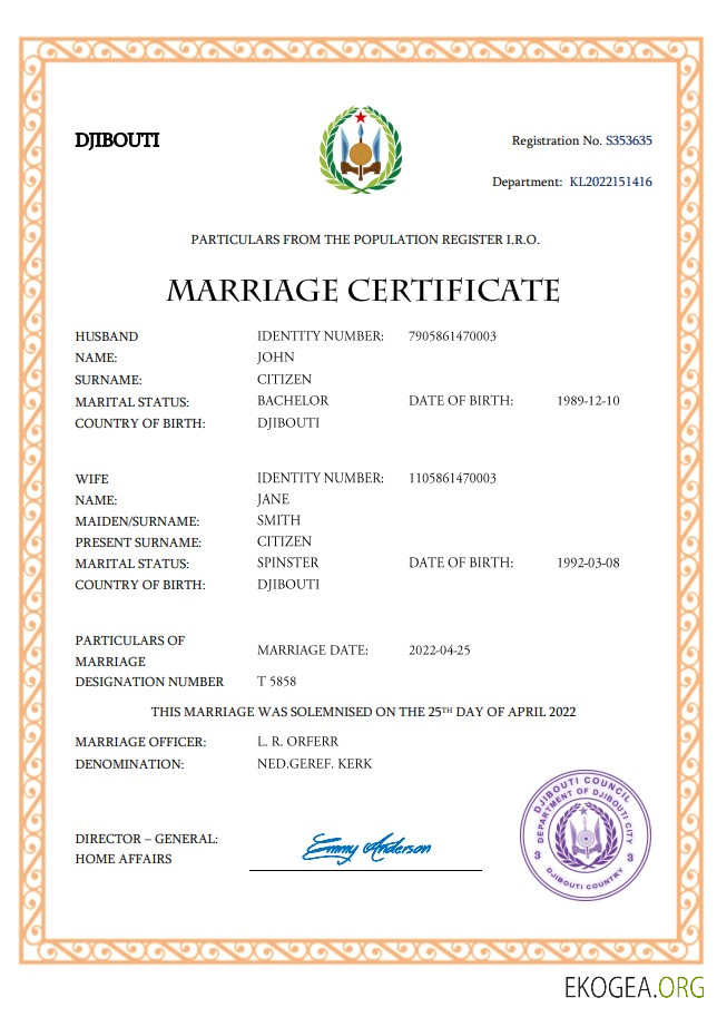 Modèle Word et PDF d'acte de mariage à Djibouti